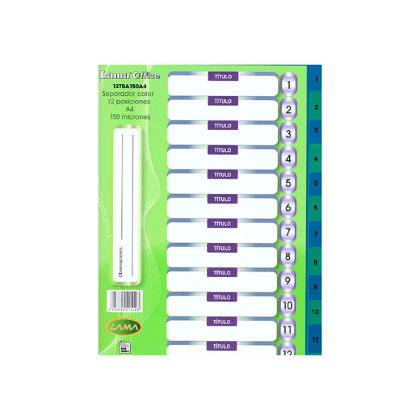 Separador A4 PVC LAMA 12 posiciones Numeradas