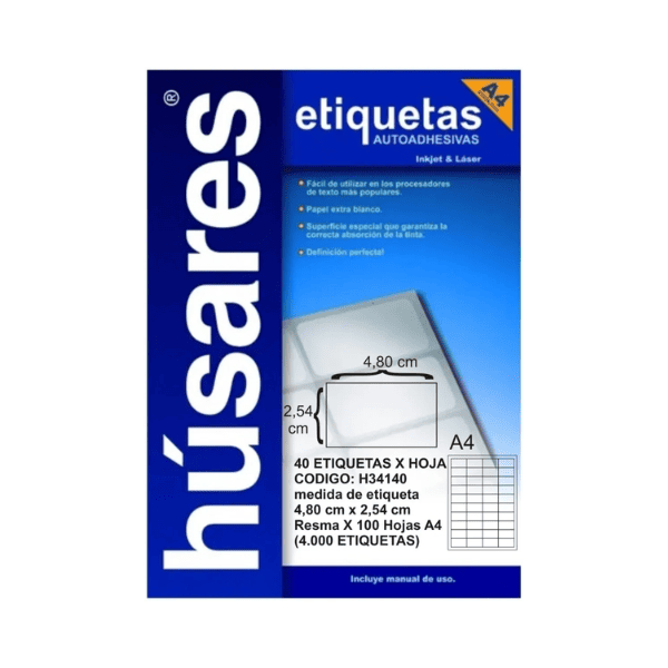 Etiquetas Autoadhesivas Husares H34140 A4 4,80x2,54cm Etiquetas 1.80 x 2.54 HÚSARES H34140 - 100 Hojas