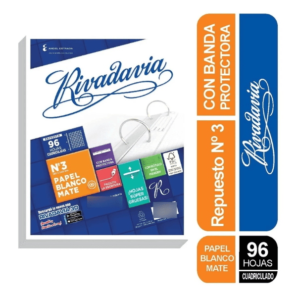 Repuesto escolar RIVADAVIA 96 hojas con banda - Cuadriculado